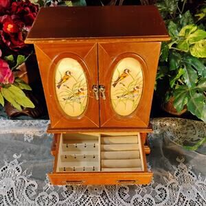 Vintage Wood Jewelry Box Armoire w/ Birds on Oval Panels Mirrored Cabinet Drawer